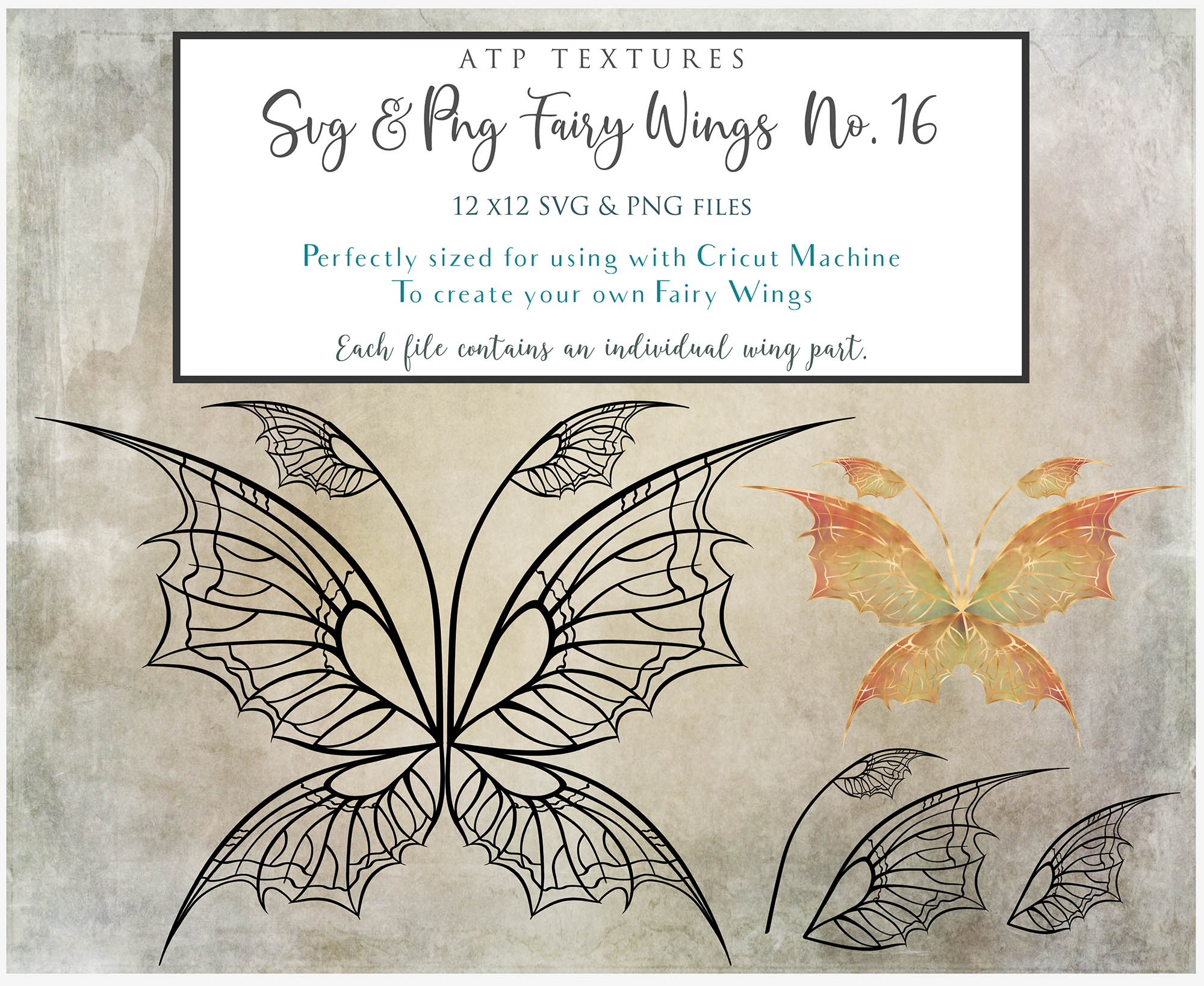 SVG & PNG Fairy Wing files for Cricut or Silhouette Cameo Cutting Machine. To create wearable fairy wings, in adult or children sizes.  Use this clipart design for Halloween Costumes, Fantasy or Cosplay or photography. These are Individual Wing Pieces, for you to cut and assemble. This is a digital product.